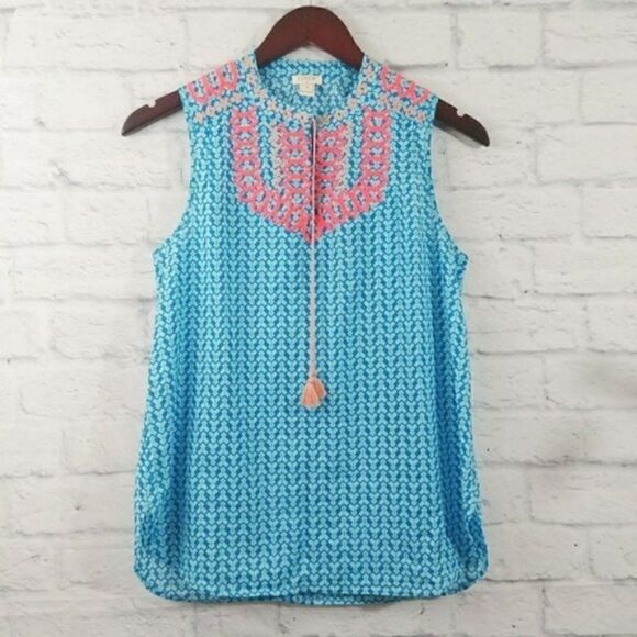 J. Crew Embroidered Tassel Top Blue Sleeveless - Picture 2 of 6
